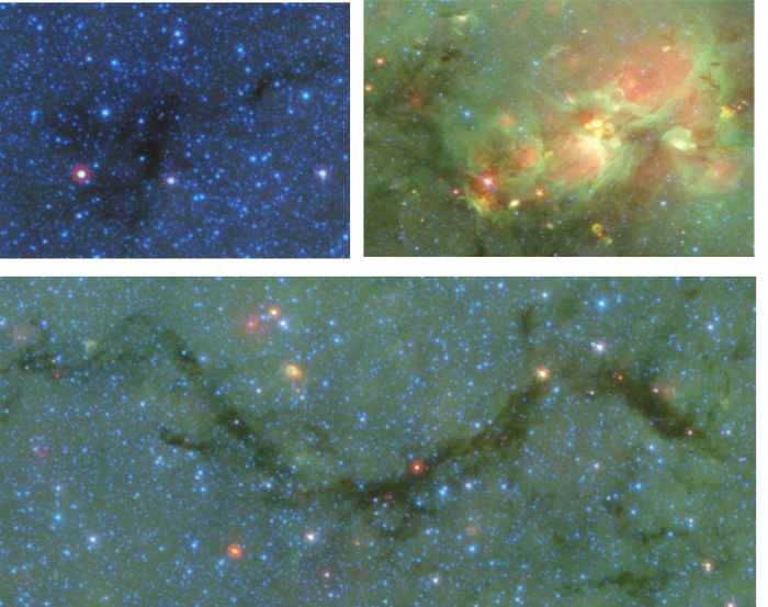 Top left, example of a molecular cloud without star formation activity (quiescent). Below, a molecular cloud hosting star-forming activity (red point-sources on the dark background that is the molecular cloud). Top right shows an HII region. Source: Spitzer Space Telescope.