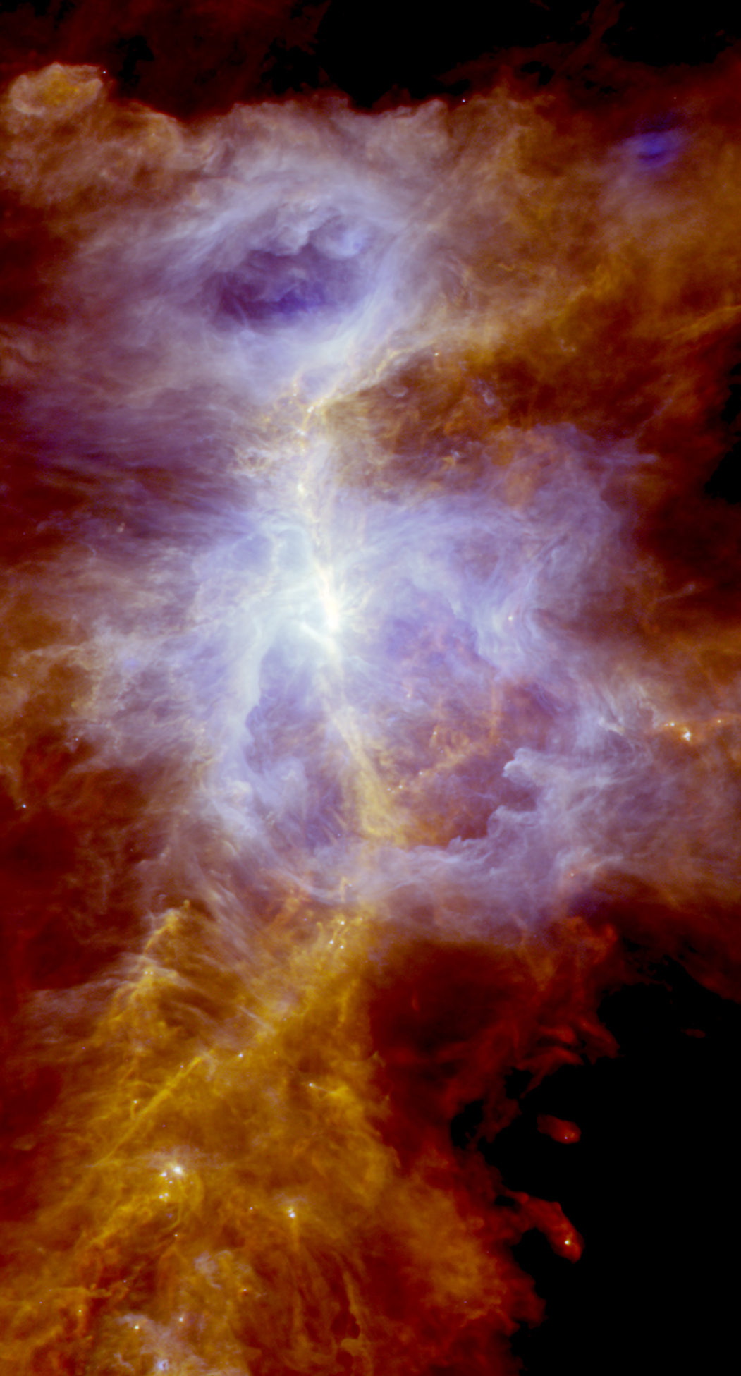 Observations of the Orion A molecular cloud (the Great Orion Nebula) by the Herschel telescope. Greater detail is clearly observed compared to the observations of Planck. Copyright: ESA/Herschel/NASA/JPL-Caltech, CC BY-SA 3.0 IGO; Acknowledgement: R. Hurt (JPL-Caltech)