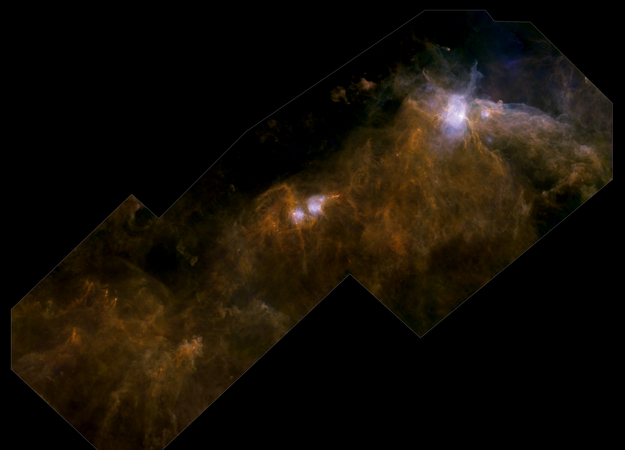 Observations of the Orion B molecular cloud by the Herschel telescope. Greater detail is clearly observed compared to the observations of Planck. Copyright: ESA/Herschel/Ph. André, D. Polychroni, A. Roy, V. Könyves, N. Schneider for the Gould Belt survey Key Programme.